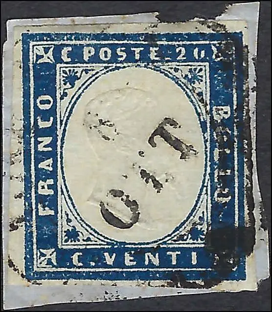 VEGAS - 1855-63 Sardinia, Italy 20c - S# 12 - Used With 4 Margins, On Paper