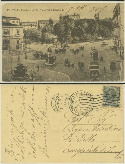 Palermo -Piazza Marina E Giardino Garibaldi Animata 1917 Cartolina D'epoca