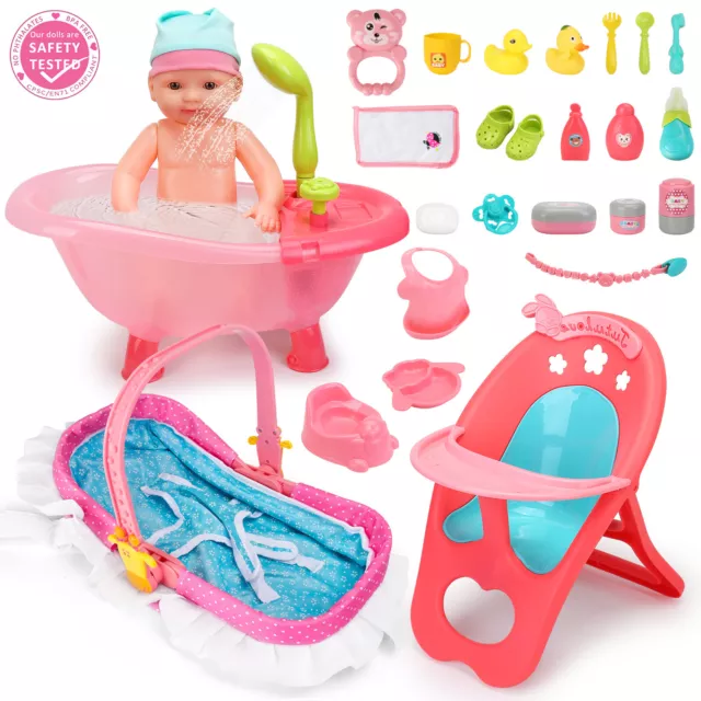 25 Pcs Baby Doll Bath Set Feeding Toy w/ Bath Crib 14" Dolls Accessories Gift