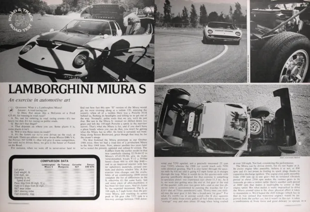 1970 LAMBORGHINI MIURA S Vintage 4pgs. ROAD TEST W/specs ~ FREE SHIPPING!