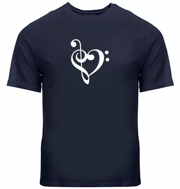 Love Music Mens Unisex Tee T-Shirt Print Treble Clef Shirt Gift Bass Clef Heart