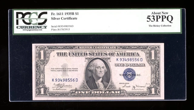 DBR $1 1935-B Silver Vinson KD Block Fr. 1611 PCGS 53 PPQ Serial K93498556D