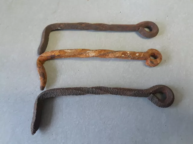 3-Antique Rustic Hand Forged Twisted Iron Door Latch Hooks for Barn Shed Gate