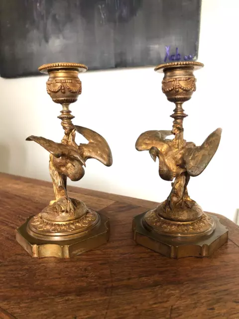 Superbe Paire De Bougeoirs En Bronze, Échassier, Ibis ?