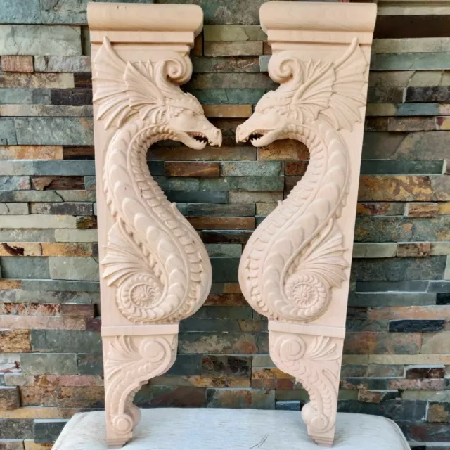 Pair Wood Carved Gothic Dragon Wall Door Corbel Balusters Stair Fireplace mantel