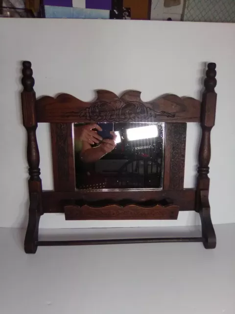 Antique Handmade Carved Framed Mirror Towel Holder Tray Kitchen bathroom Living