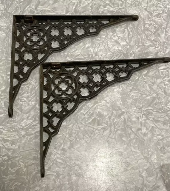 Pair Antique Ornate Cast Iron Shelf Brackets Gothic Design