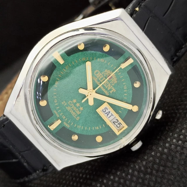 VINTAGE ORIENT CRYSTAL AUTOMATIC 46941 JAPAN MENS D/D GREEN WATCH 516o-a273006-9