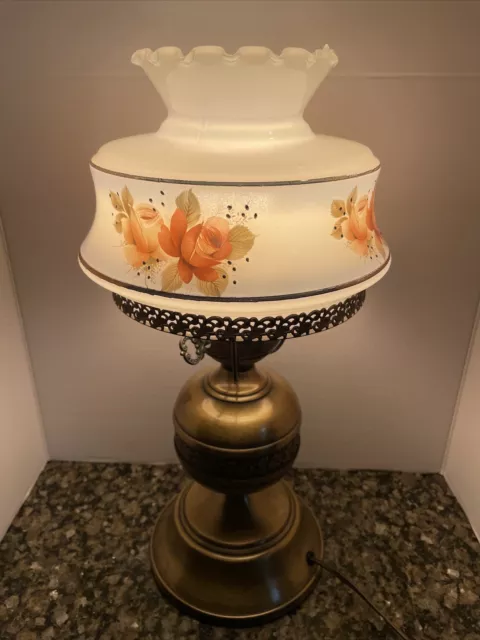 Brass Hurricane Parlor Lamp Roses Floral Glass Shade Electrical Light Bulb