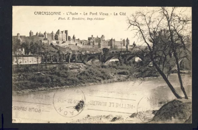 cpa vignette stamp LA BELLE FRANCE CARCASSONNE l'Aude Le Pont Vieux La Cité