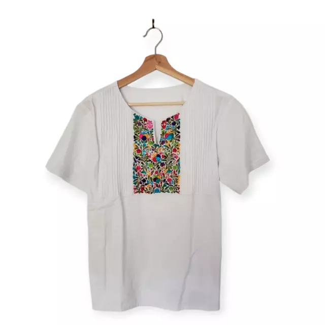 Traditional Mexican Embroidered Pleated Shirt Floral Blouse Handmade Oaxaca