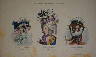 COIFFURE CHAPEAU BONNETTE 1785 COSTUMES PARIS GRAVURE COULEURS XIXe siecle 2