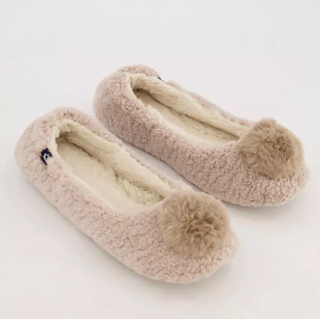 Pantofole JOULES POMBURY UK M 5-6 foderate in pelliccia pom pom pom pom naturale NUOVE FREEPOST OM34