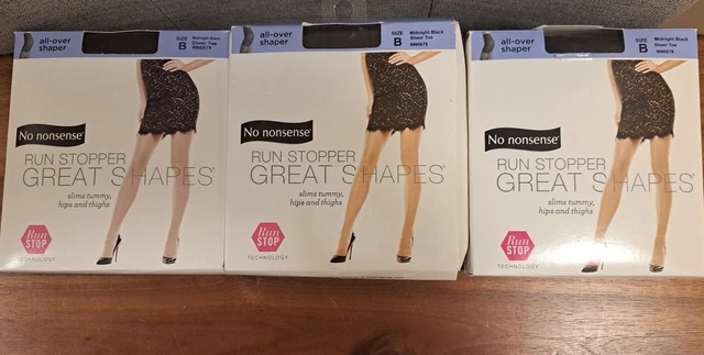 3x No Nonsense Great Shapes Black Sheer ToeRun Stopper Pantyhose All Shaper B