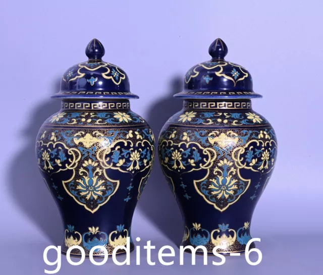 9.4"China Old Antique Porcelain A pair of Qianlong blue glazed Enamel Color jars