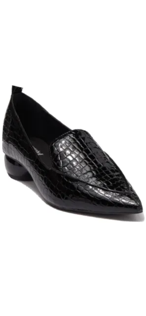 Jeffrey Campbell Viona Pointed Toe Loafer Croc Print 6 Black Patent Block Heel