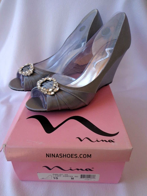 Nina Parley Wedge SANDALS Peep Toe Rhinestone Pewter Wedding Formal Shoes 10 US