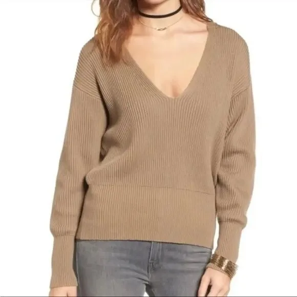 Free People Allure Pullover Knit Sweater V-Neck Taupe Women’s Size Small Ribbed