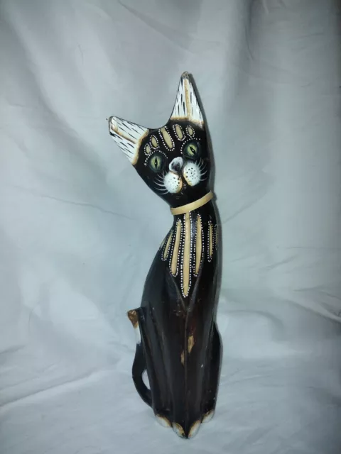 Hand Carved And Painted Wood Rough Alleycat Seen Better Days Black Cat Figurine