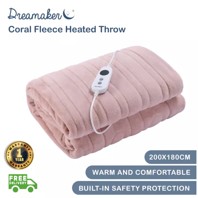 Dreamaker Coral Fleece Heated Washable Throw Rug Blanket Blush Pink 200x180cm