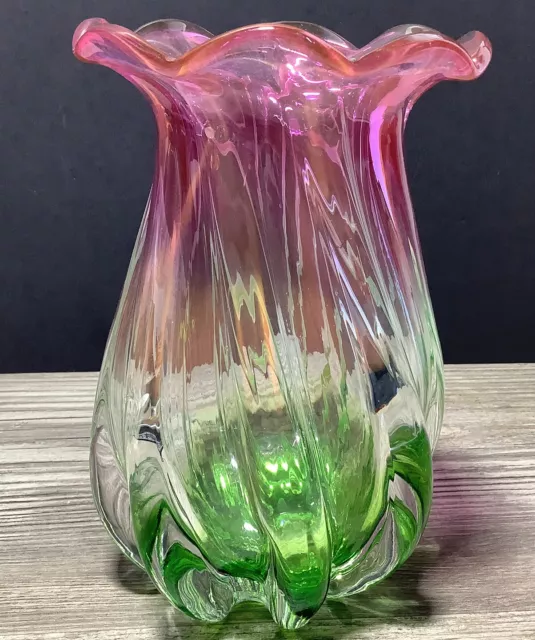 Vintage Hand Blown Teleflora Watermelon Glass Twisted Ruffle Pink & Green Vase