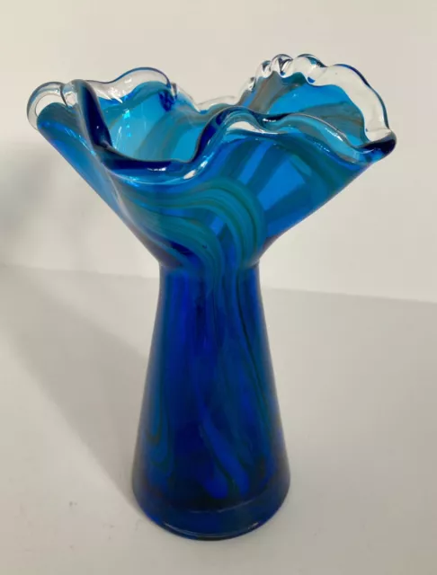 Hand blown Studio Art Glass vase Cobalt blue green Swirl Ruffle Rim 6.25” Tall