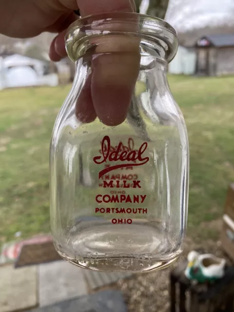 #1 Vintage Ideal Dairy 1/2 Pint Pyro Glass Milk Bottle - Portsmouth,Ohio (OH)