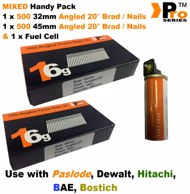 Mixed 16g ANGLED Nails, 2 x 500 pack+ 1 x Fuel Cell for Paslode ,Hitachi   A4 3