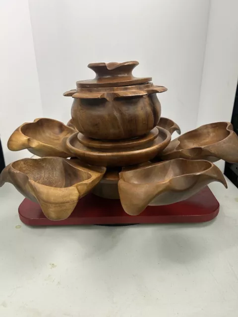 Vintage Large Monkey Pod Lotus Serving Bowl Set Lazy Susan Hand Carved Wood