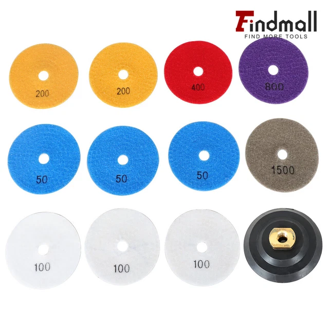 Findmall 12 Pack 4 Inch Diamond Polishing Pads Wet/Dry Set of 11+1 Backer Pads