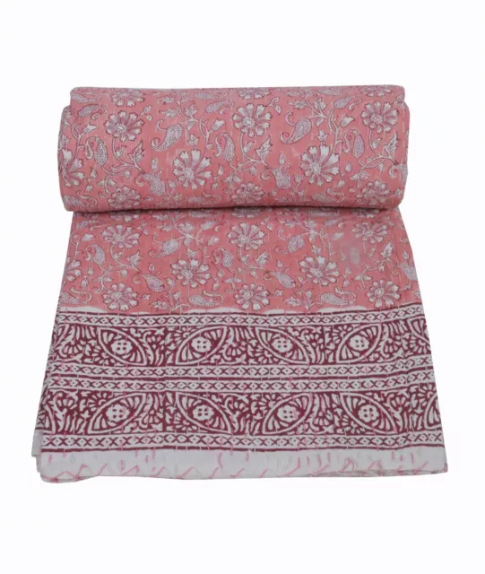 Indian Handmade Cotton Multi Kantha Quilt Floral Printed Blanket Bedspread Throw