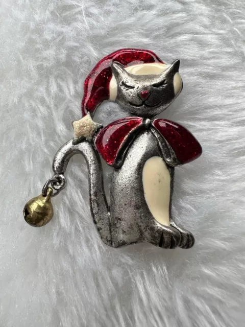 Christmas Vintage AJMC Brooch Cat Santa Hat Jingle Bell Bow Pewter Silver Tone