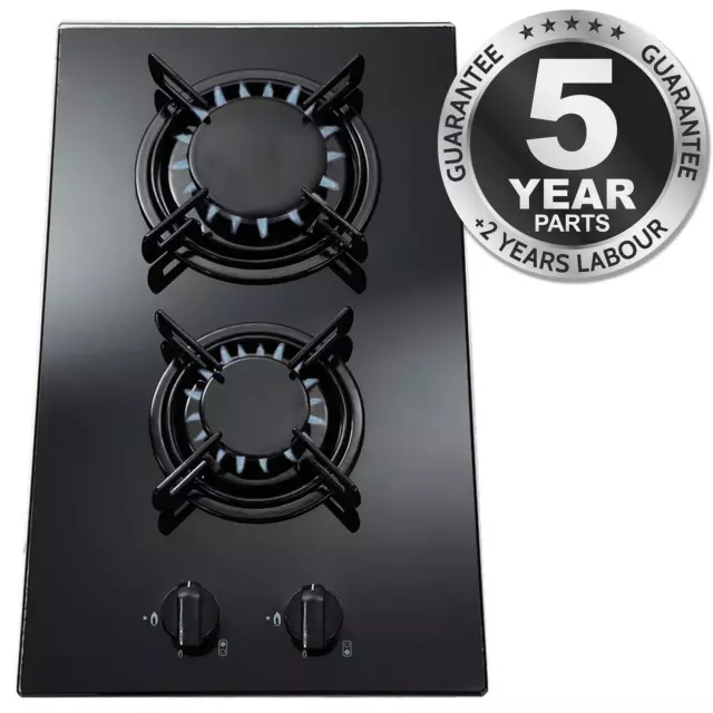 SIA GHG302BL 30cm 2 Burner Black Glass On Gas Domino Hob With Enamel Pan Stands