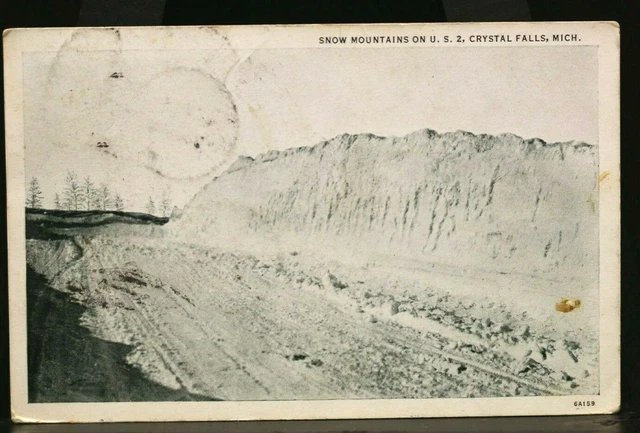 RPPC CRYSTAL FALLS MI 1938? Snow Mountains on U.S. 2 Michigan