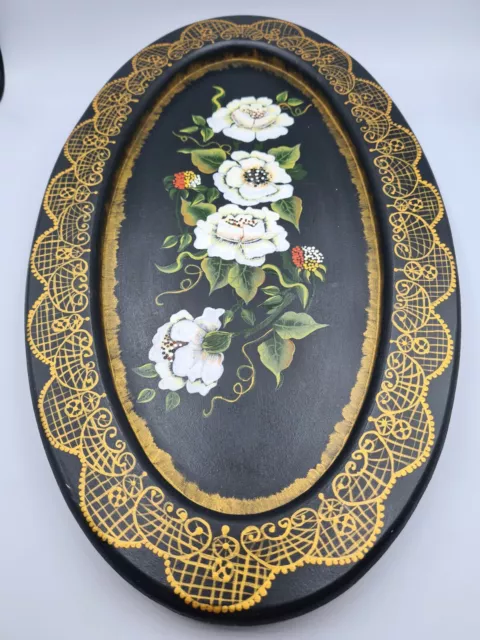 Vintage Wooden Handpainted Floral Folk Art Inspired Tray Plate Wall Hanging Gold