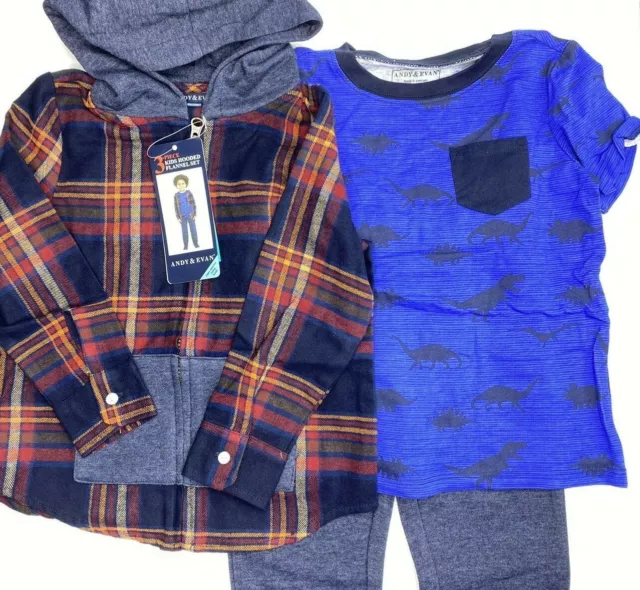 Boys Size 3T Andy & Evan 3-Piece Pants Set Outfit Hooded Flannel & T-Shirt Dino