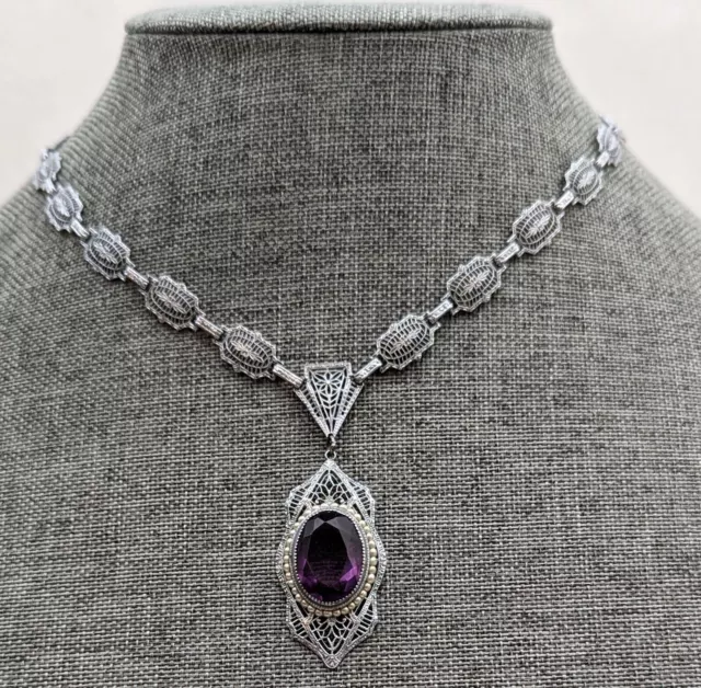Art Deco Filigree Necklace 1930s PS Co  Rhodium Purple Pendant Tiny Pearls
