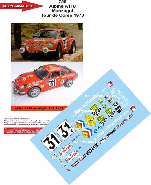 DECALS 1/18 REF 552 Alpine Renault A110 Manzagol Tour De Corse 1977