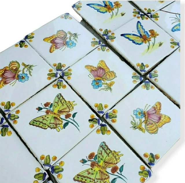Set of 15 Vintage Butterflies Floral Hand Painted Tiles Made In Spain 6" Square