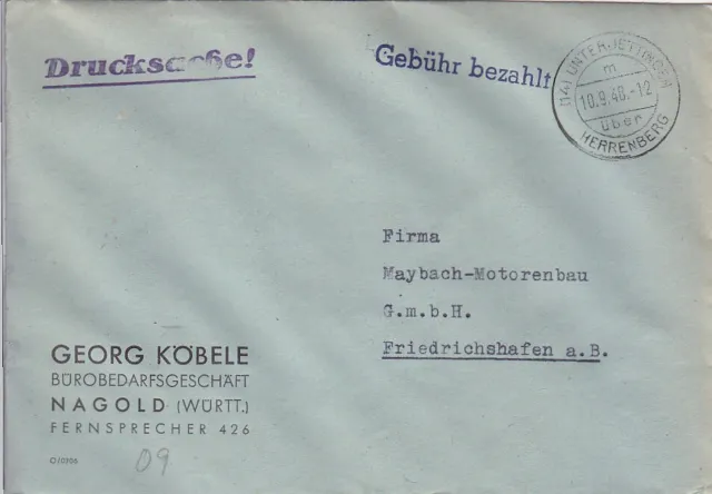 F.Zone - UNTERJETTINGEN  über  HERRENBERG - Gebühr bezahlt - Brief - 1948