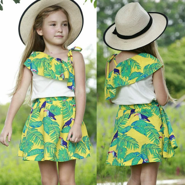 Toddler Kids Baby Girls Ruffle Off Shoulder T-Shirt Tops Printed Dress Outfits