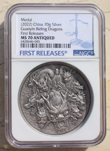 NGC MS70 2022 China 70g Silver Medal - Guanyin Bodhisattva Riding Dragons