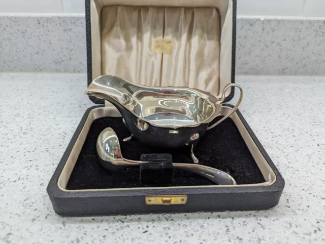 1939 solid silver sauce or jus boat with ladle in original presentation box