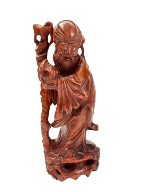 Vintage Antique Chinese Hand Carved Rosewood God of Longevity Figurine Sculpture