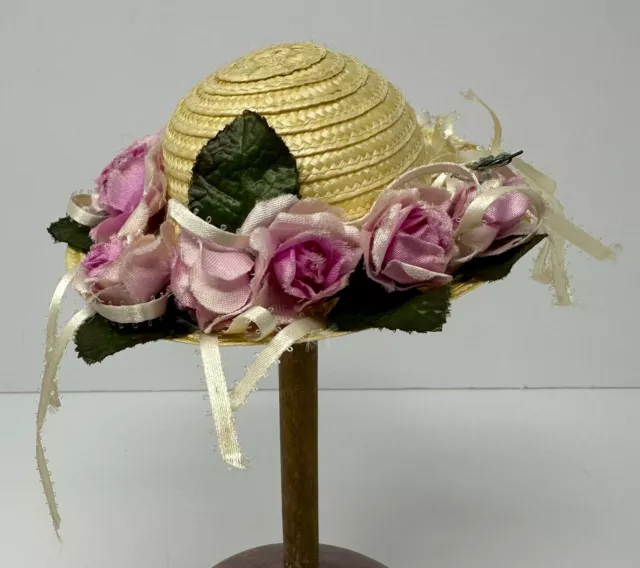 Vintage Soft Straw Doll Hat With Pink Flowers and White Ribbon