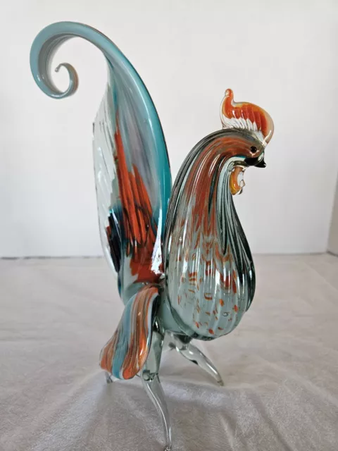 Vintage Murano Style Hand Blown Art Glass Rooster Figurine Sculpture 11" Tall