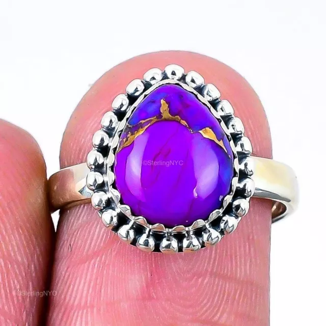 Natural Copper Purple Turquoise Gemstone Band Adjustable Ring 925 Silver