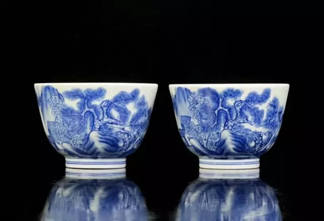 Pair Old Chinese Blue And White Porcelain Bowl Cup With Kangxi Marked (Wx298)