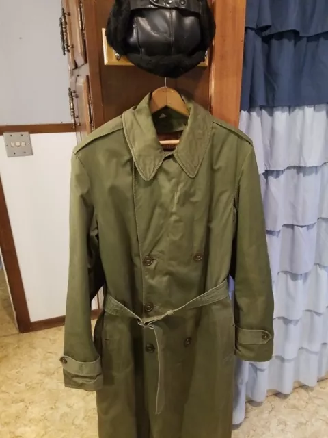 VIntage Small long Trenchcoat &Hat   Army Green Military lined double breasted
