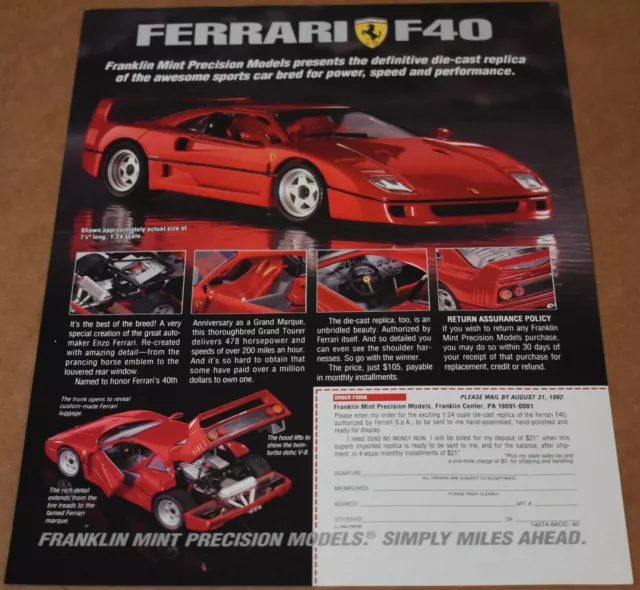 1992 Print Ad Ferrari F40 Franklin Mint Precision Models Die Cast Replica Red